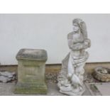 A modern concrete classical figure, on pedestal, 186cm high overall, a water pump, etc