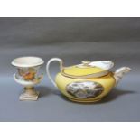 A Derby teapot, with a yellow ground painted with two views, 'On the River Wye' and 'In