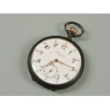 A Longines cracked ice design back base gun metal and gold plated open faced pocket watch, with