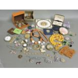 A quantity of costume jewellery and coins, to include a gold plated bangle with malachite