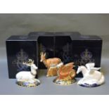 Four various Royal Crown Derby porcelain paperweights, to include Pronghorn Antelope 383/950,