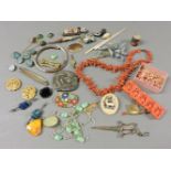 A quantity of costume jewellery, to include a twig coral necklace, scarab beetle links, and a blue
