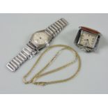 A ladies 9ct gold rolled box link chain, a stainless steel gentleman's mechanical strap watch with