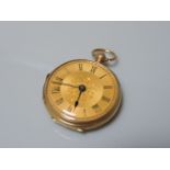 An 18ct gold key wound open faced fob watch, with gold chased dial and engraved case, London 1876