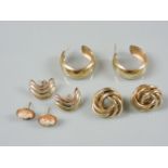Four pairs of 9ct gold earrings, including a pair of wedding ring hoops with diamond cut details,
