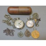 A ladies silver pocket watch, another, a war medal to Pte J Griggs, Norf R, and chains