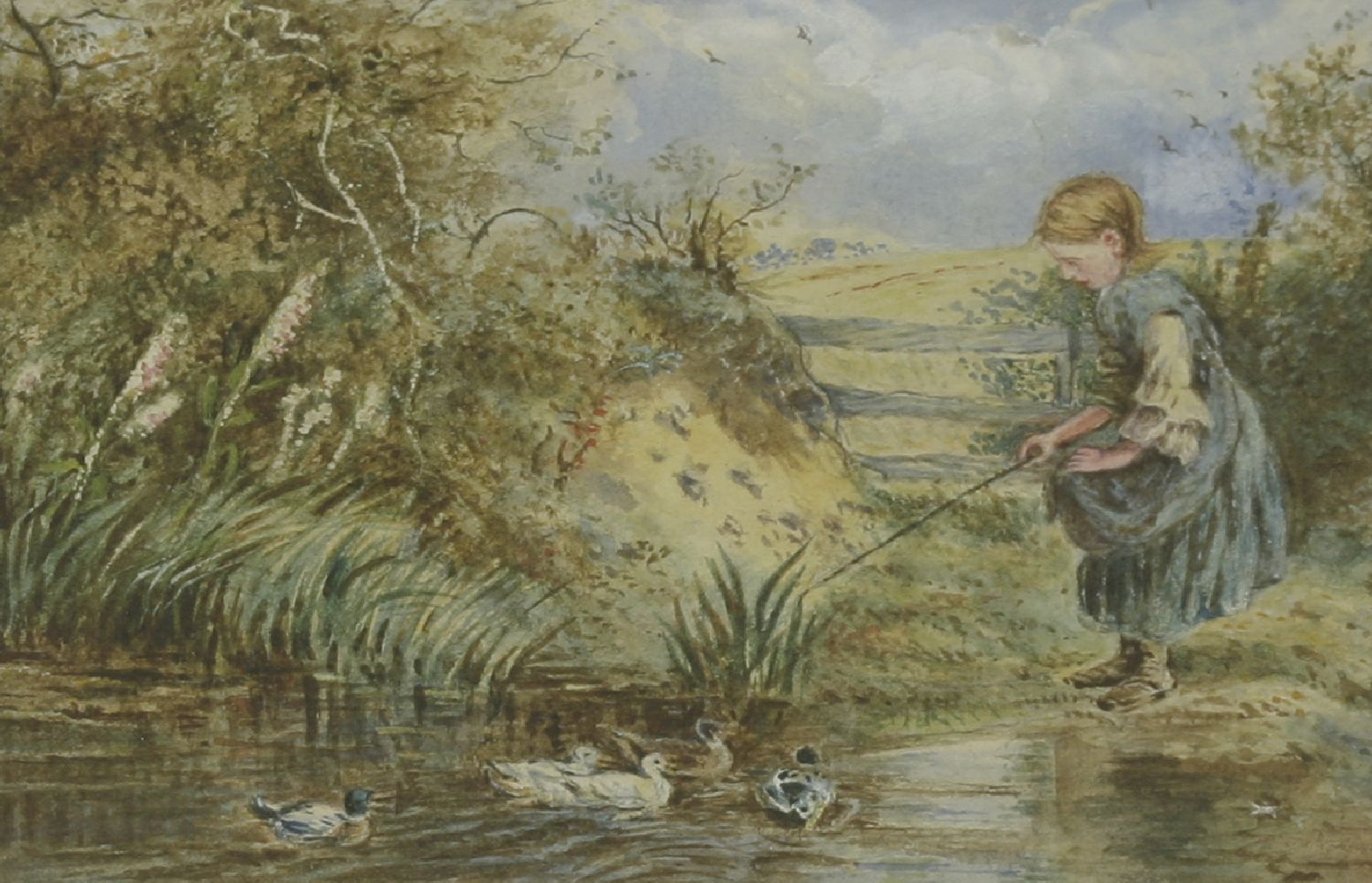 After Myles Birket FosterCHILDREN FISHING FROM A LOG BENCH;A GIRL FISHING WITH DUCKSTwo,