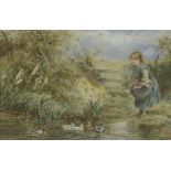 After Myles Birket FosterCHILDREN FISHING FROM A LOG BENCH;A GIRL FISHING WITH DUCKSTwo,