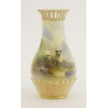 A Royal Worcester Vase,dated 1909, of bottle form painted with sheep in a highland landscape, signed