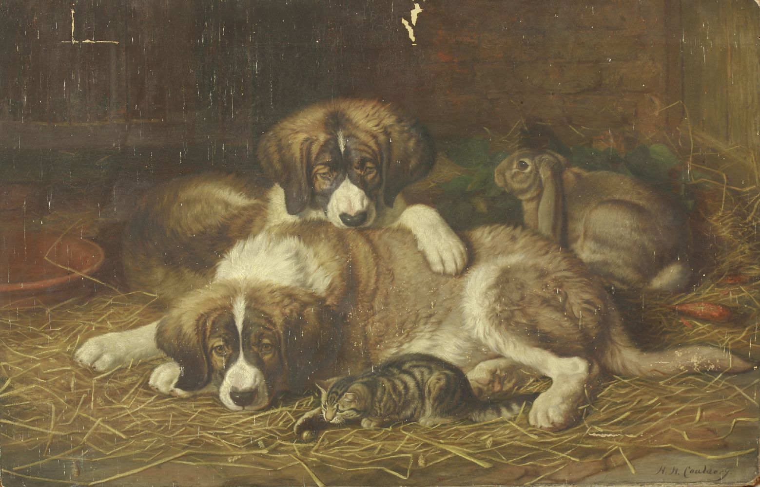 Horatio Henry Couldery (1832-1918)TWO ST. BERNARD PUPPIES, A KITTEN AND A RABBITSigned l.r., oil