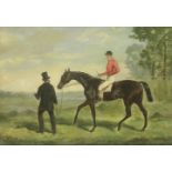 Alfred Frank de Prades (1844-1883)A RACEHORSE WITH JOCKEY UP, OWNER IN TOP HATSigned l.l., oil on