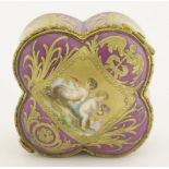 A Continental porcelain quatrefoil Pot and Cover, with a purple ground, painted with panels of a