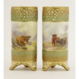 A pair of Royal Worcester cylinder Vases,dated 1910, painted with highland cattle, signed 'H