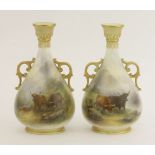 A pair of Royal Worcester Vases,dated 1908, painted with highland cattle, signed 'H Stinton',