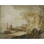 Manner of Joos de MomperA RIVER LANDSCAPE WITH TRAVELLERS ON A PATH IN THE FOREGROUND, A BOAT NEAR A