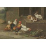 *Edgar Hunt (1876-1955)CHICKENS, RABBITS AND A TRUG WITH CABBAGESigned and dated 1921 l.l., oil on