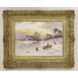 Milwyn HollowayA SHEPHERD DRIVING SHEEP IN A WINTER LANDSCAPEa painted porcelain panel, framed,22