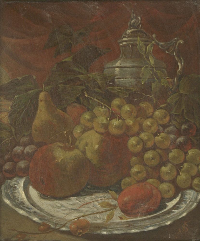 English School, late 19th centurySTILL LIFE OF A DISH OF FRUIT AND A FLAGONSigned with 'JS' monogram