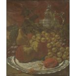 English School, late 19th centurySTILL LIFE OF A DISH OF FRUIT AND A FLAGONSigned with 'JS' monogram