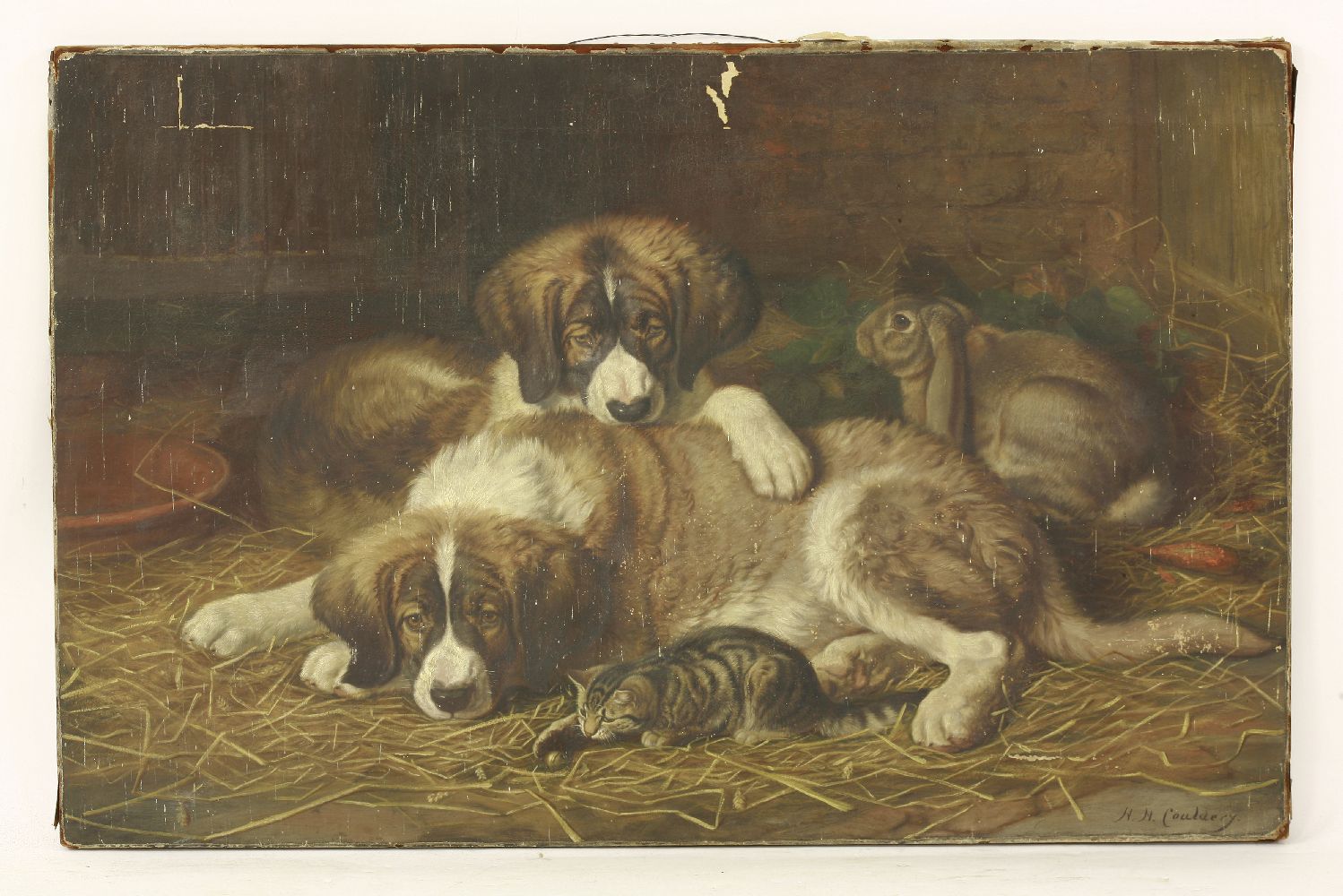 Horatio Henry Couldery (1832-1918)TWO ST. BERNARD PUPPIES, A KITTEN AND A RABBITSigned l.r., oil - Image 2 of 5
