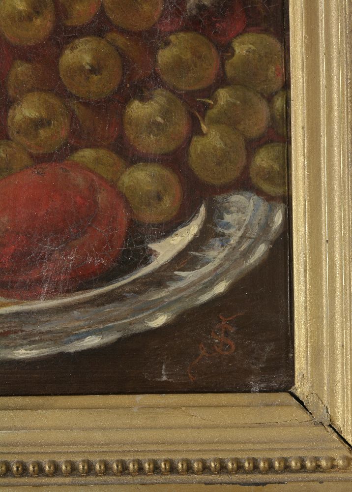 English School, late 19th centurySTILL LIFE OF A DISH OF FRUIT AND A FLAGONSigned with 'JS' monogram - Image 4 of 4
