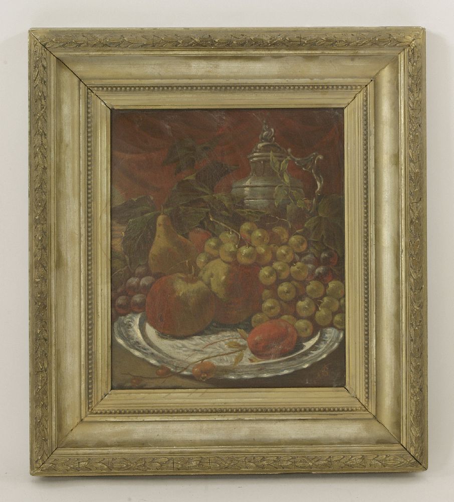 English School, late 19th centurySTILL LIFE OF A DISH OF FRUIT AND A FLAGONSigned with 'JS' monogram - Image 2 of 4