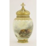 A Royal Worcester Pot Pourri Vase, dated 1919, painted with highland cattle, signed 'J Stinton',