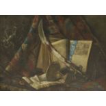 *A... M... Knowles (20th century)STILL LIFE OF A SCIMITAR, A GILT TAZZA, AN OPEN BOOK AND A CARPET