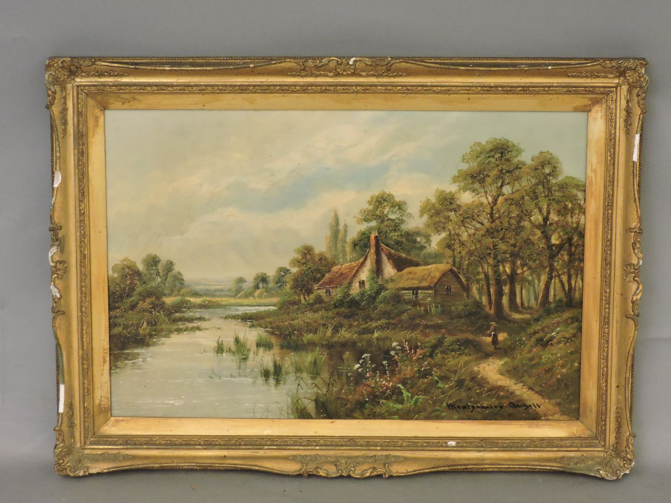 Montgomery Ansell (pseudonym for Francis E Jamieson)RURAL COTTAGE SCENE WITH RIVERSigned, oil on