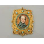 A gold mounted portrait miniature on ivory, circa 1830, with cabochon turquoise border to a hand