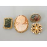 Four brooches, to include a 9ct gold floral example set with cultured pearls and garnets, a 9ct gold