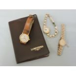 A 9ct gold ladies Rotary quartz bracelet watch, a 9ct gold ladies Rone mechanical watch on a later