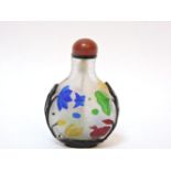 A Chinese scent bottle and stopper, overlaid in four colours, with ducks and pond plants, 6.5cm