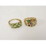 A 9ct gold assorted gemstone tapered band ring, and a 9ct gold pendant cluster ring