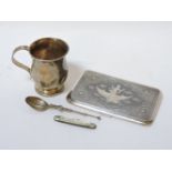 A silver christening cup, London 1910, maker's mark rubbed, a white metal cigarette case with