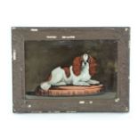 A Victorian reverse glass 'dog' painting, of a spaniel seated on a cushion, framed panel 39 x 59cm