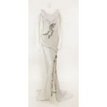 A Nina Ricci silver grey silk satin evening dress,with tulle detail to neck and skirt, embroidered