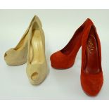 A pair of Yves St Laurent red suede platform high heel shoes,with 6in heel,size 39, anda pair of