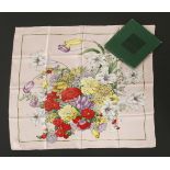 A Gucci silk scarf, pink ground with floral printed design, in original box, and five Gucci silk