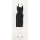 A Chanel navy silk cocktail knee-length dress,with blue sequins to straps and panels to the side
