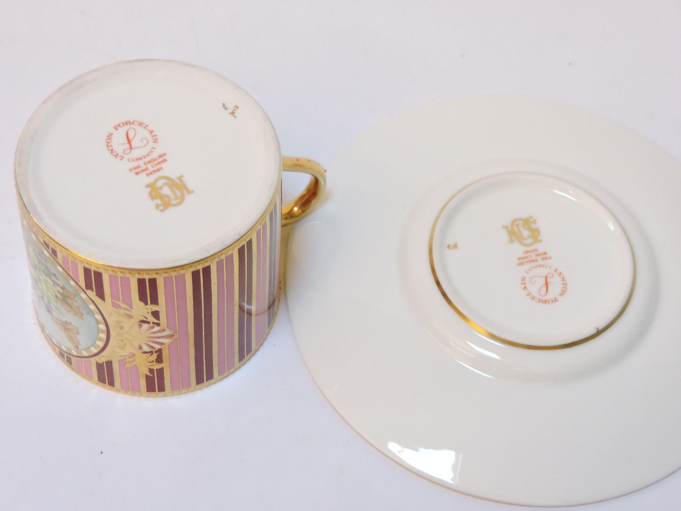 Three Lynton porcelain cups and saucers, each decorated in coloured enamels, with hand painted - Image 4 of 4