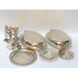 Assorted silver, to include three jugs and three small dishes, an urn on a stand, and a sifter