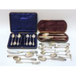 Silver cutlery, a cased set of teaspoons and sugar tongs, three piece christening set, sugar