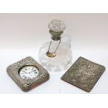 A silver mounted glass decanter, Birmingham 1900, with port label, 18.5cm high, a pocket watch, with