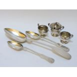 A large Continental serving spoon, a pair of Continental dessert spoons, a silver lidded mustard