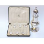 A silver sugar shaker, and a cased set of silver spoons by Mappin & Webb