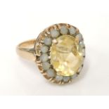 A 9ct gold oval cut citrine and cultured pearl cluster ring, damaged, 6.3g