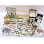 A box of costume jewellery, including beaded necklaces, and a Rotary wristwatch