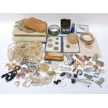 A box of mixed costume jewellery, including a butterscotch amber cigar holder