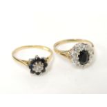 An 18ct gold sapphire and diamond cluster ring, and a 9ct gold example, both size L